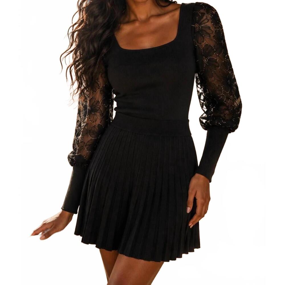 NEW SURELYMINE bloom embroidered mesh sleeve knit top in black